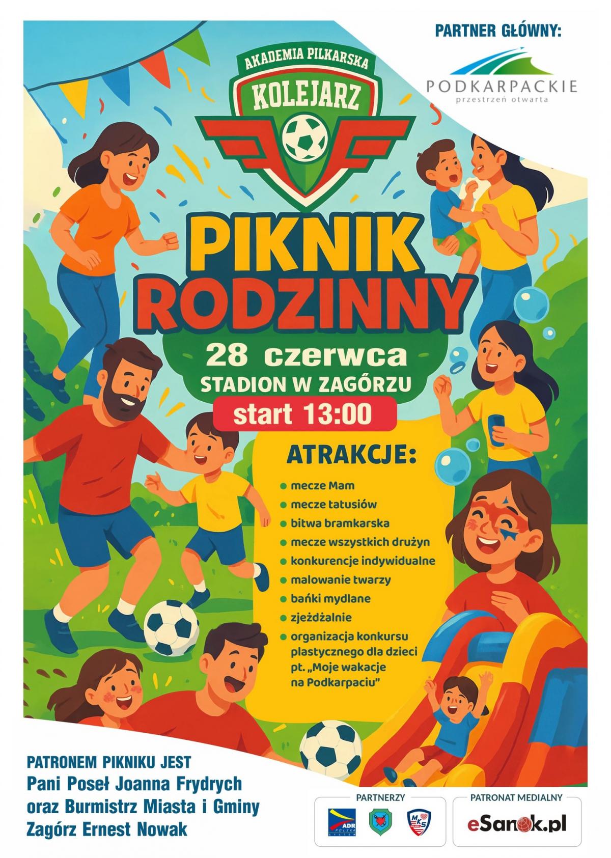 Plakat reklamujący rodzinny piknik sportowy 28 czerwca w Zagórzu od 13:00. Oferuje wiele atrakcji dla dzieci i dorosłych.