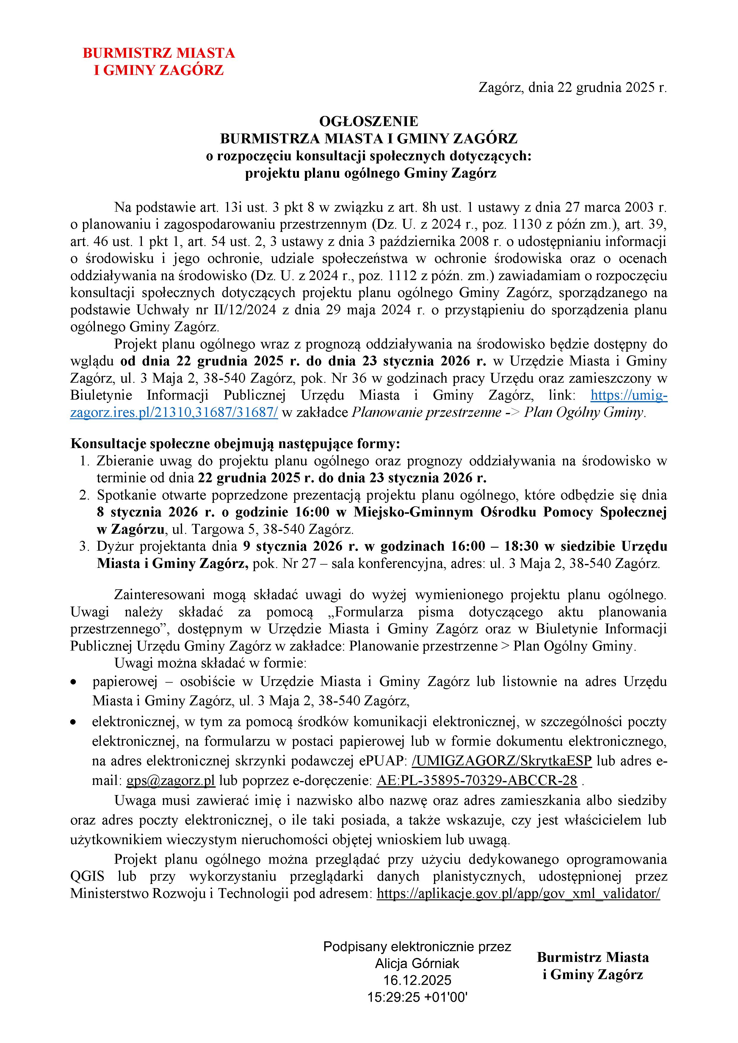 Ogłoszenie Burmistrza Miasta i Gminy Zag&oacute;rz