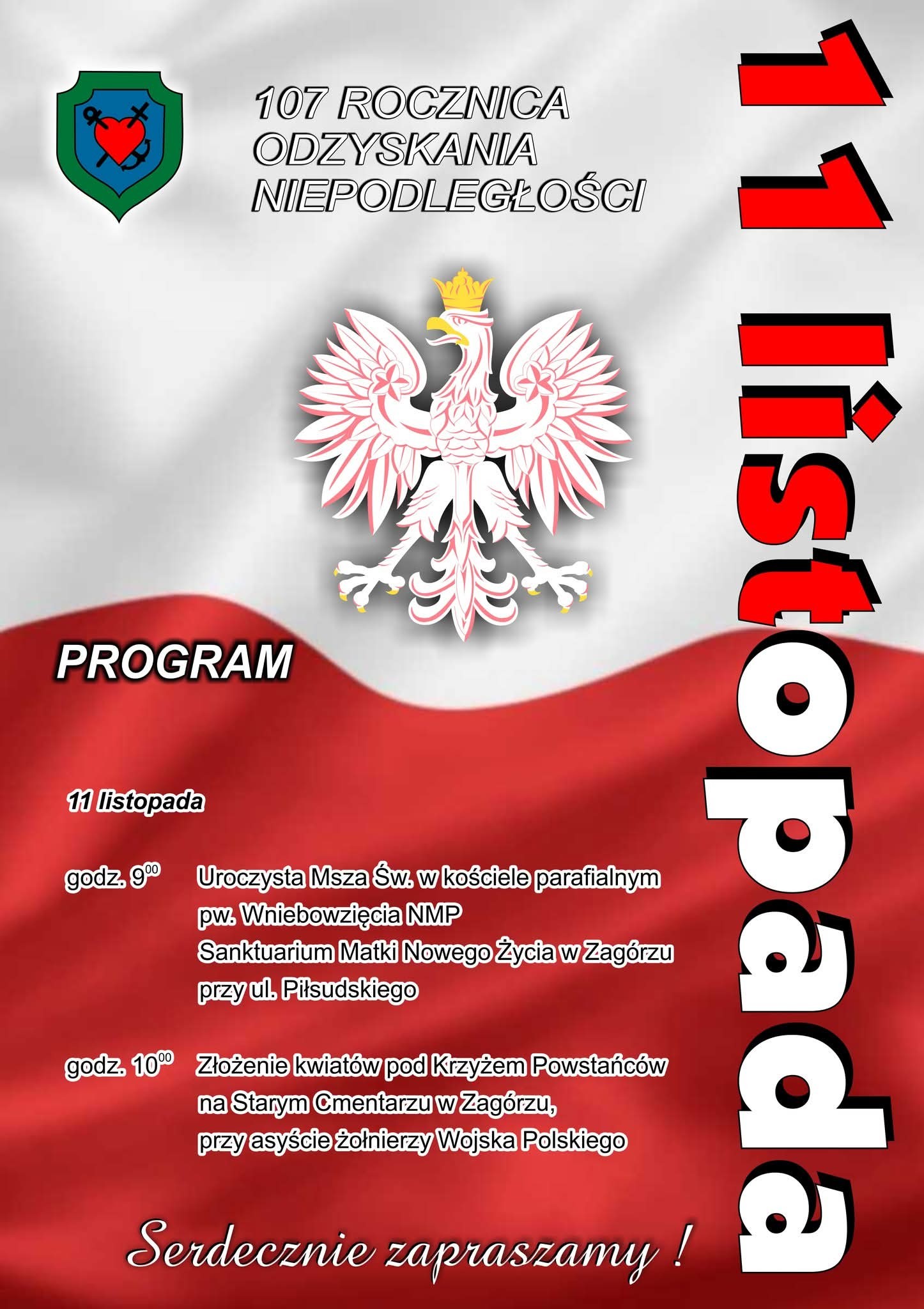Plakat informujący o obchodach 107. rocznicy odzyskania niepodległości 11 listopada. Widoczny herb Polski, program uroczystości.