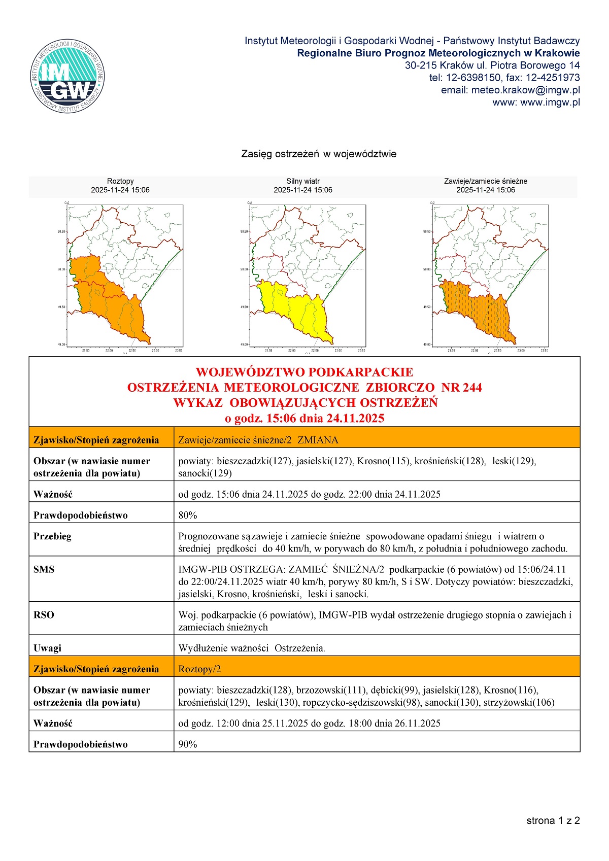 Ostrzeżenie meteorologiczne dla województwa podkarpackiego. Mapy zasięgu ostrzeżeń, tabele z informacjami o zagrożeniach.