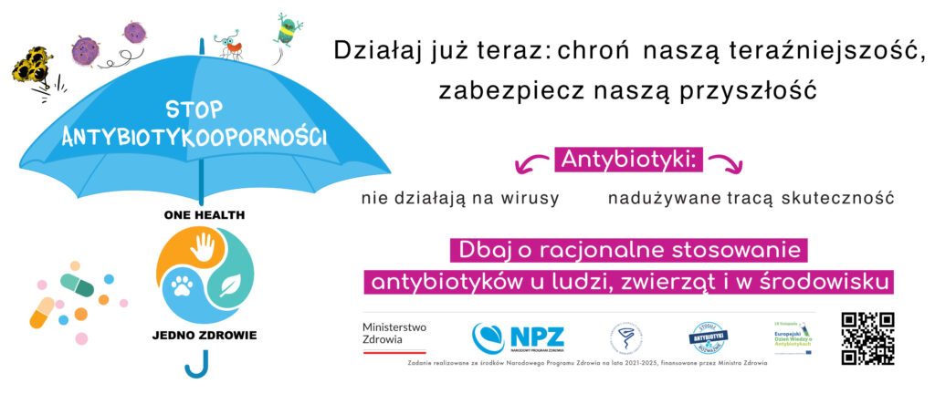 Grafika promująca odpowiedzialne stosowanie antybiotyków. Zawiera hasła, logotypy i grafikę parasola jako ochrony przed antybiotykoopornością.