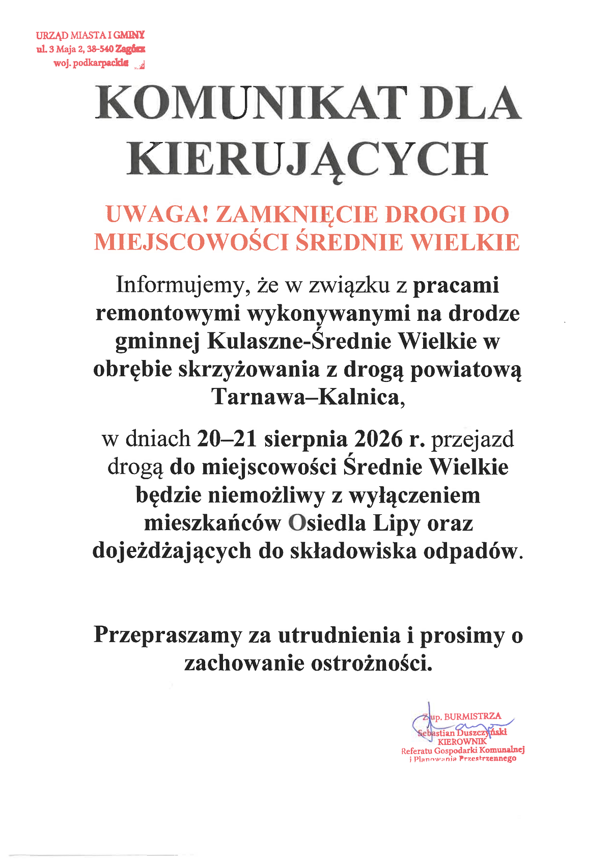 komunikat o zamknieciu drogi