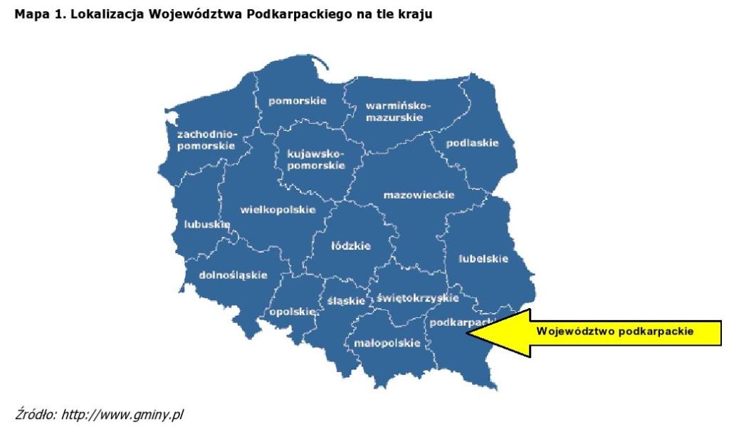 Mapa Polski z zaznaczoną lokalizacją województwa podkarpackiego, wskazana strzałką z napisem "Województwo podkarpackie". Źródło: http://www.gminy.pl