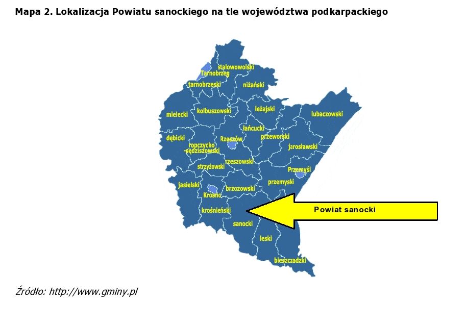 Mapa lokalizacji Powiatu Sanockiego na tle województwa podkarpackiego z zaznaczeniem strzałką. Źródło: gminy.pl.