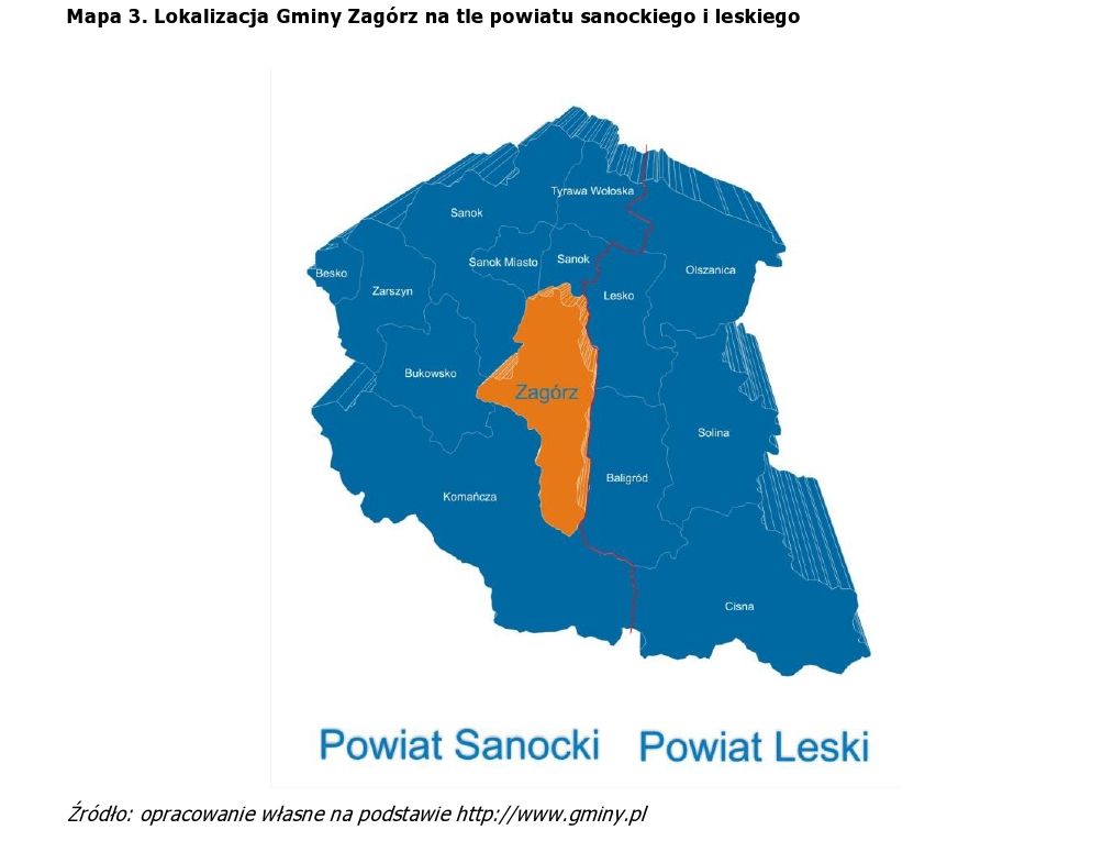 Mapa lokalizacyjna Gminy Zagórz na tle powiatów sanockiego i leskiego. Powiaty są w kolorze niebieskim, a gmina Zagórz w pomarańczowym.