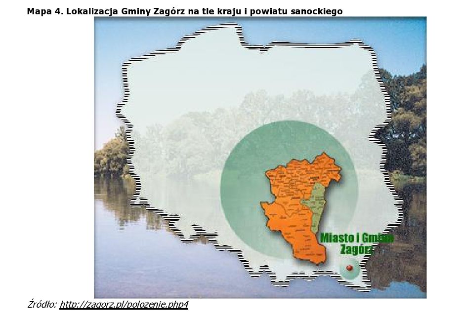 Mapa gminy Zagórz w Polsce. Kontury kraju z czarno-białą obwódką na tle pejzażu. Źródło: zagorz.pl.