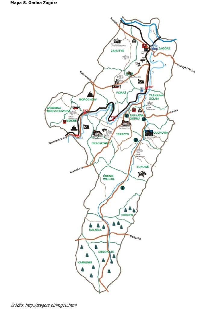 Mapa gminy Zagórz. Widoczne są miejscowości: Zagórz, Zahutyn, Poraz, Tarnawa Dolna, Czaszyn, Brzozowiec, Łukowe, Kalnica i inne.