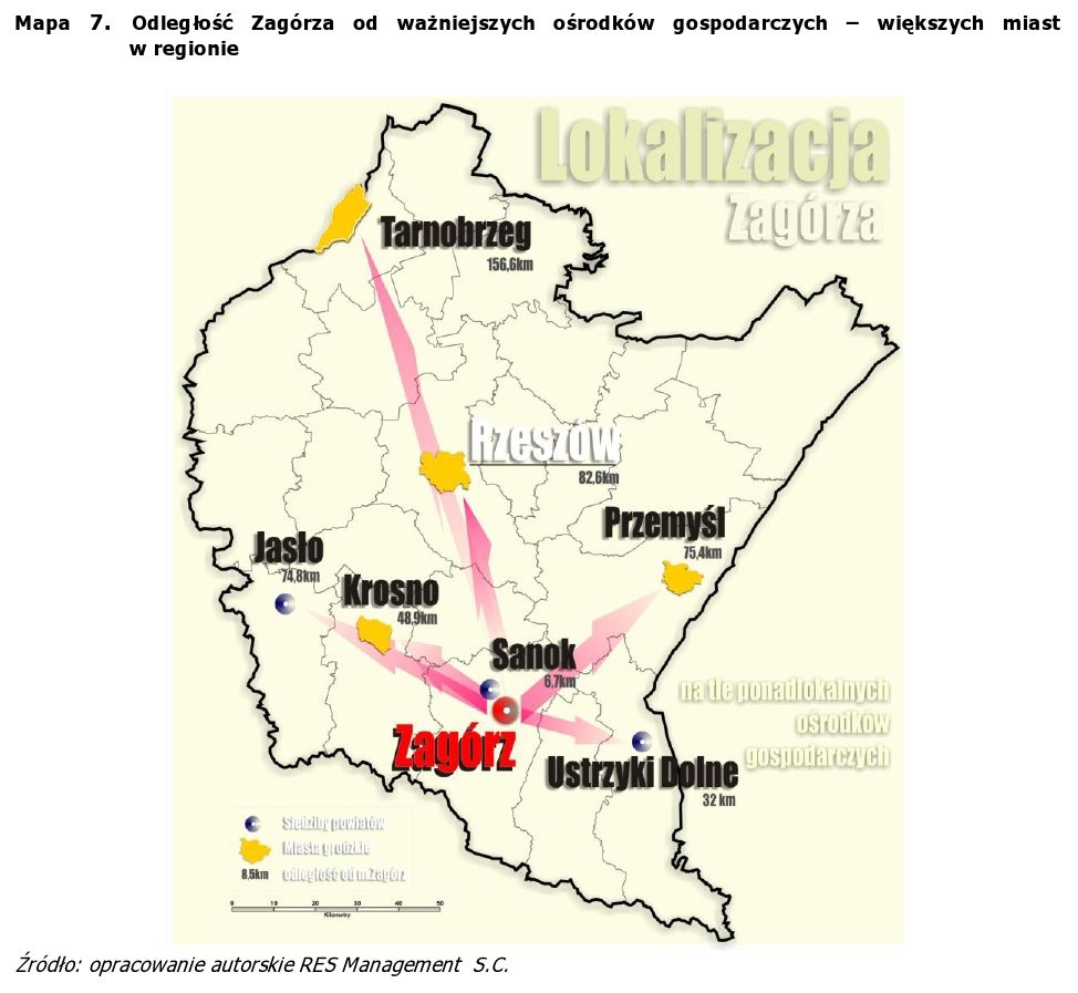 Mapa lokalizacyjna Zagórza względem ośrodków gospodarczych w regionie, z zaznaczonymi odległościami do miast takich jak Rzeszów i Tarnobrzeg.