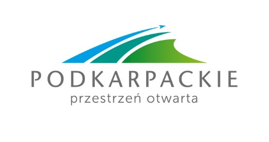 Logo województwa podkarpackiego: góry, samolot, napis "Podkarpackie", "przestrzeń otwarta". Kolory: zielony, niebieski, szary.